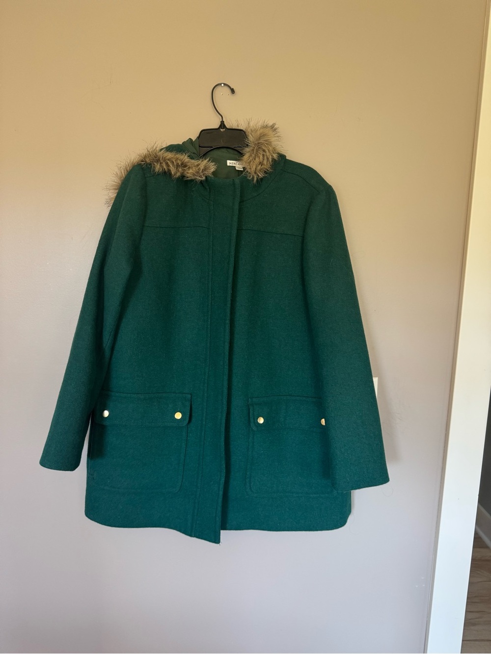 J. Crew Dark Green Wool-Blend Hooded Pea Coat with Faux Fur Trim